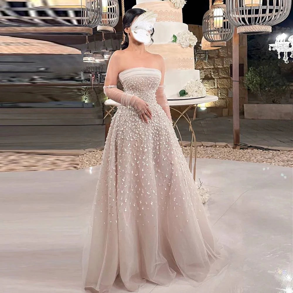 Pearls White Nude Evening Dress with Gloves - Riviera Couture