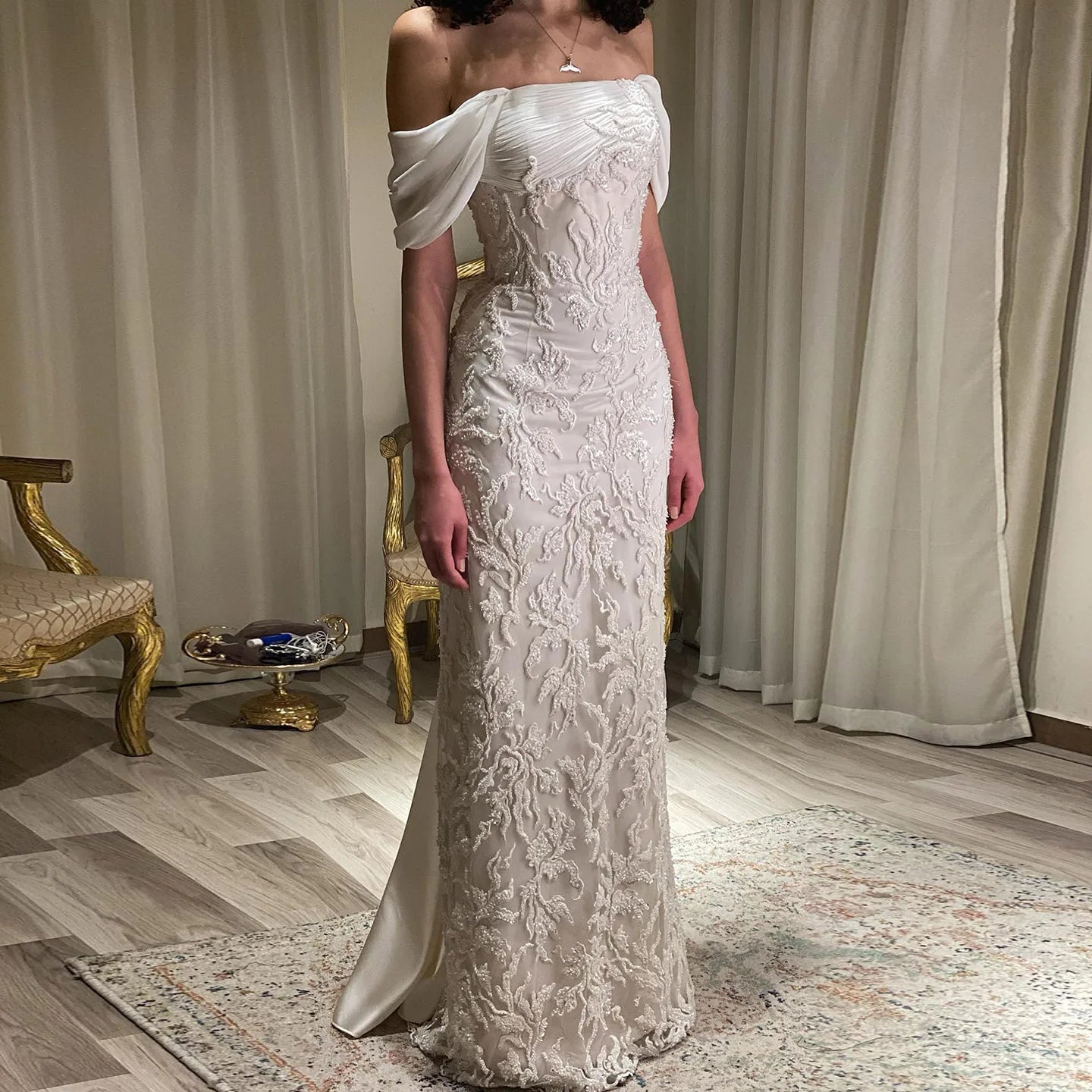 Ivory Ivory Off-Shoulder Mermaid Evening Gown — Luxury Beaded Arabic — Riviera Couture GCC Luxury Evening Gown
