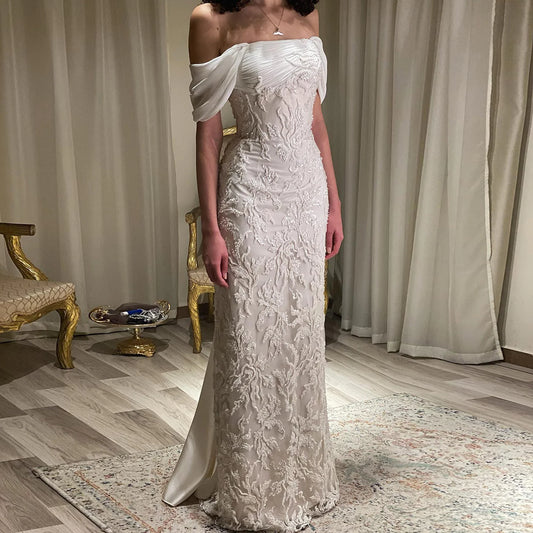 Ivory Ivory Off-Shoulder Mermaid Evening Gown — Luxury Beaded Arabic — Riviera Couture GCC Luxury Evening Gown