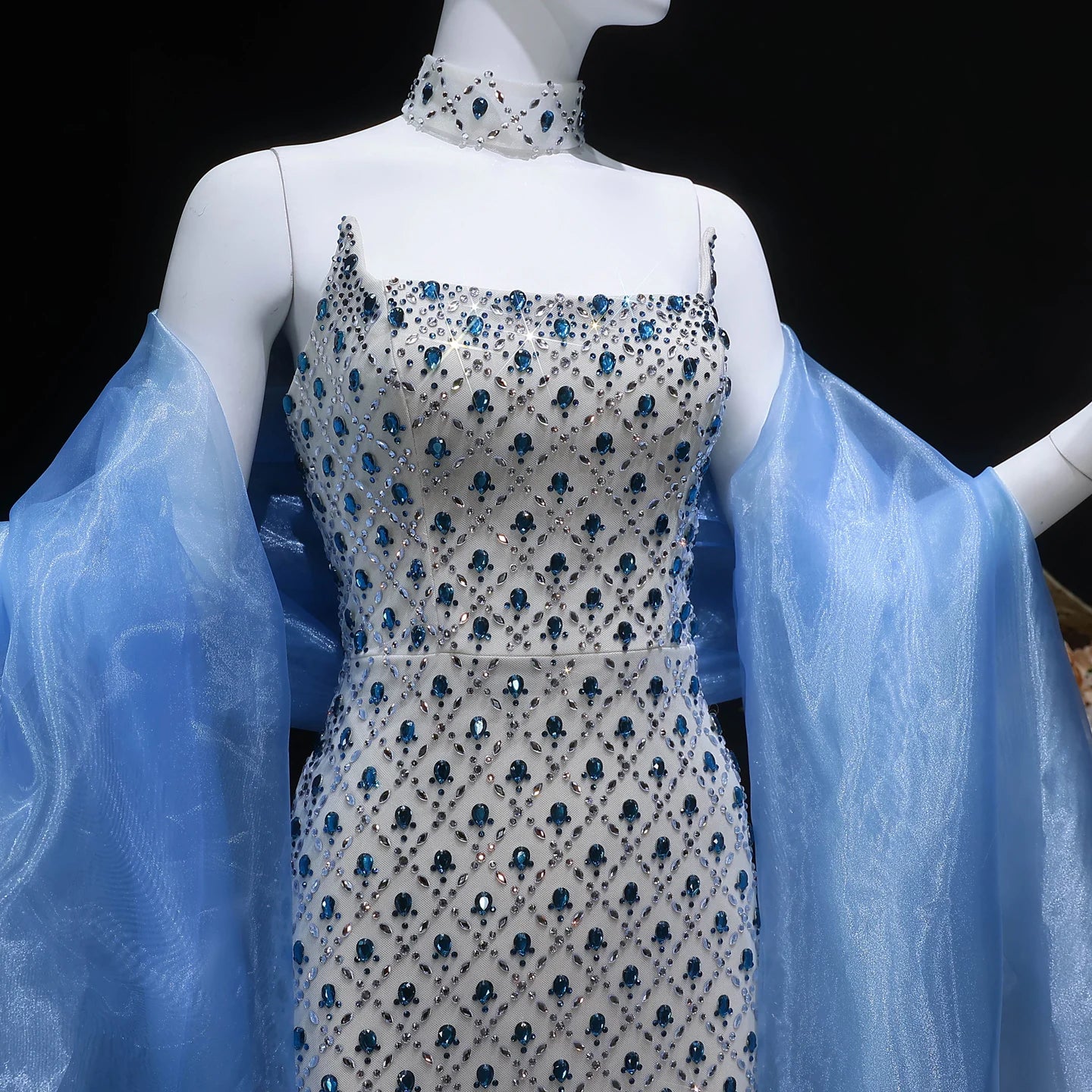 Blue Beaded Crystal Evening Gown with Cape — Luxury GCC Formal 2026 — Riviera Couture GCC Luxury Evening Gown