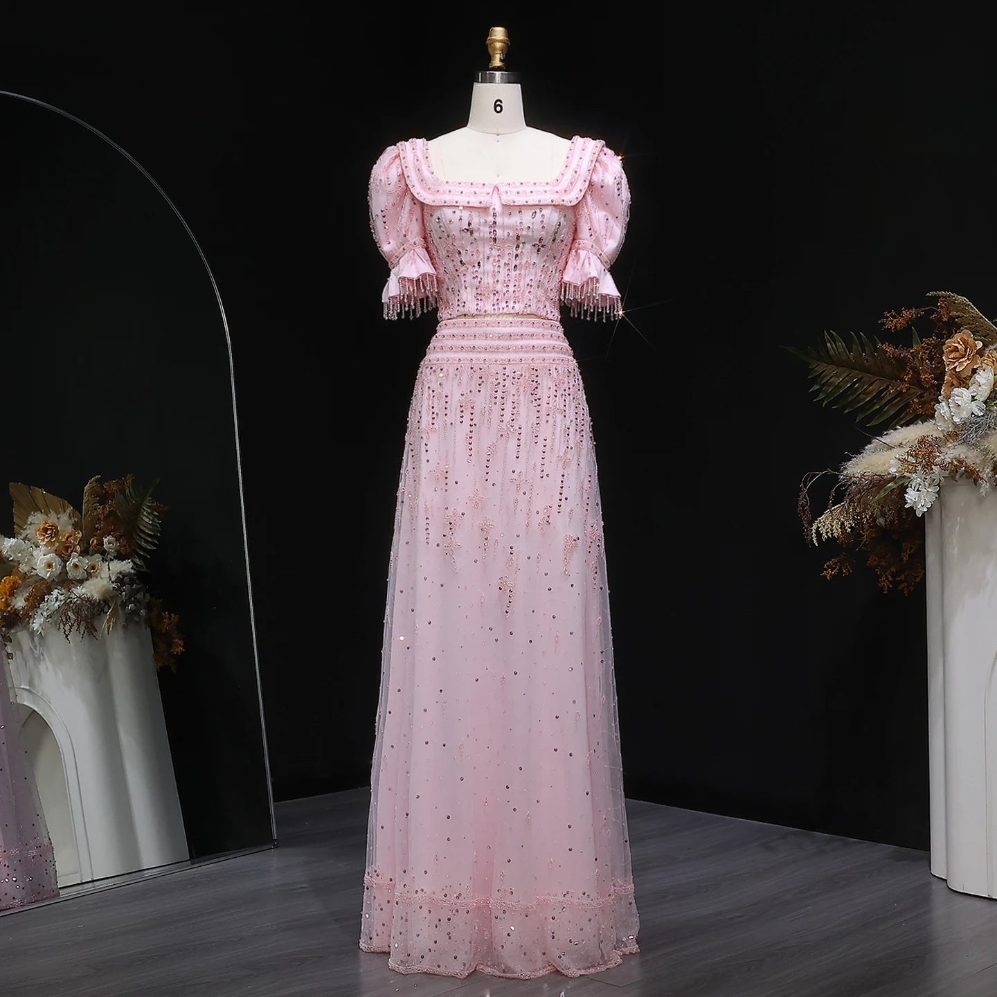 Pink Two-Piece Evening Gown — Short Sleeve Square Collar Arabic — Riviera Couture GCC Luxury Evening Gown