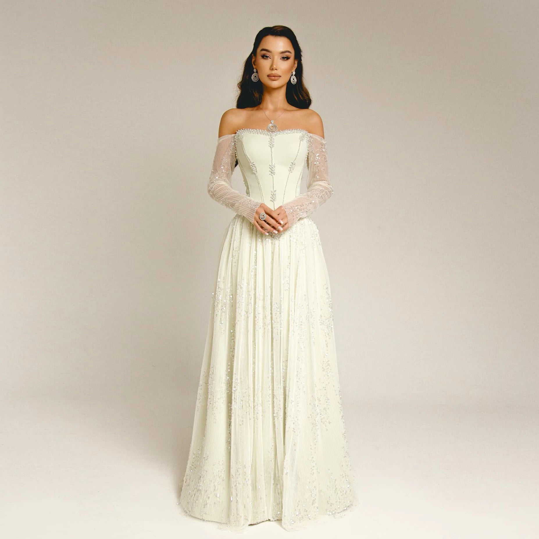 Wine Red Off-Shoulder Long Sleeve Sequined A-Line Evening Gown — GCC Formal — Riviera Couture GCC Luxury Evening Gown