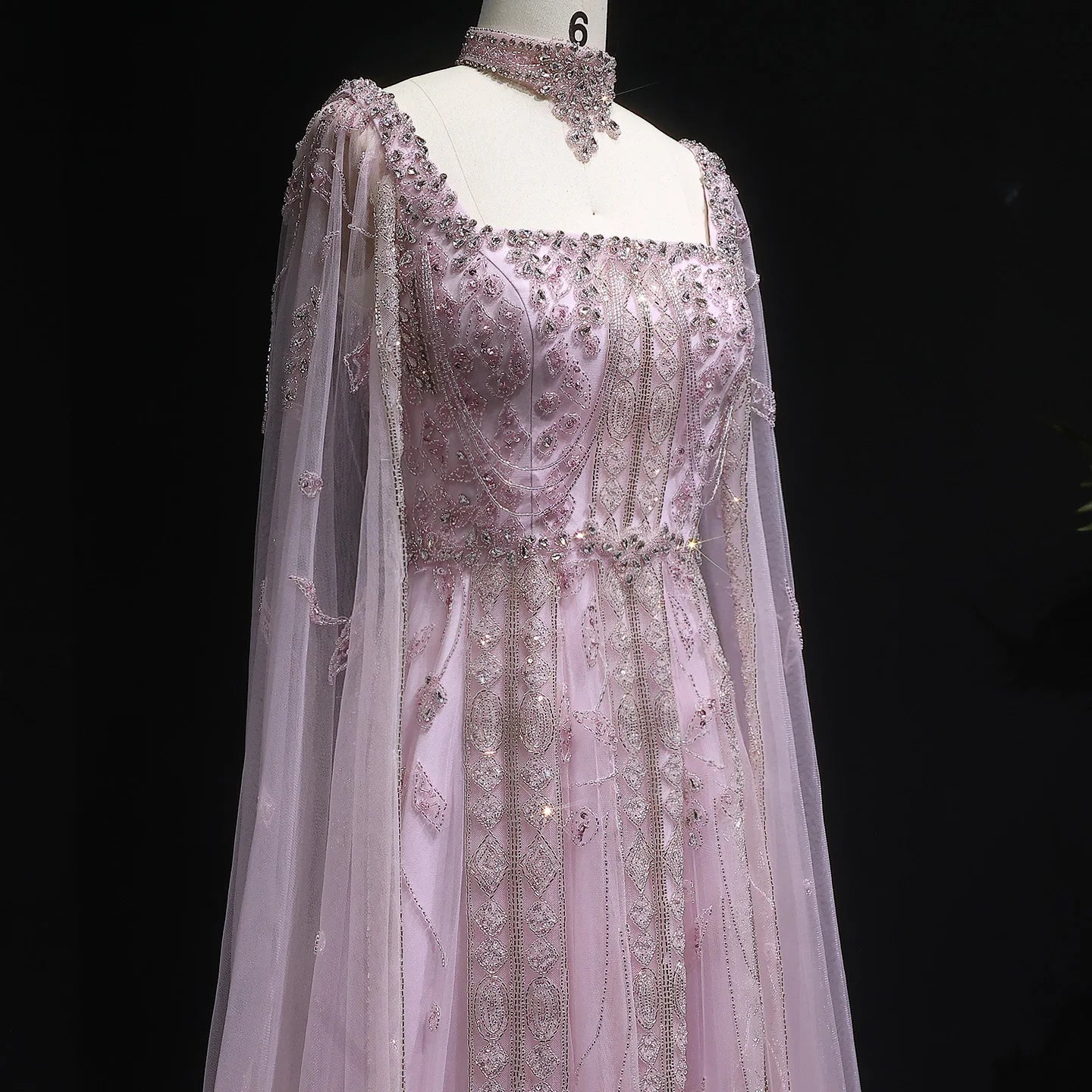 Burgundy Nude Arabic Evening Gown with Cape Sleeves and Wine Red Choker — Riviera Couture GCC Luxury Evening Gown
