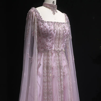 Burgundy Nude Arabic Evening Gown with Cape Sleeves and Wine Red Choker — Riviera Couture GCC Luxury Evening Gown