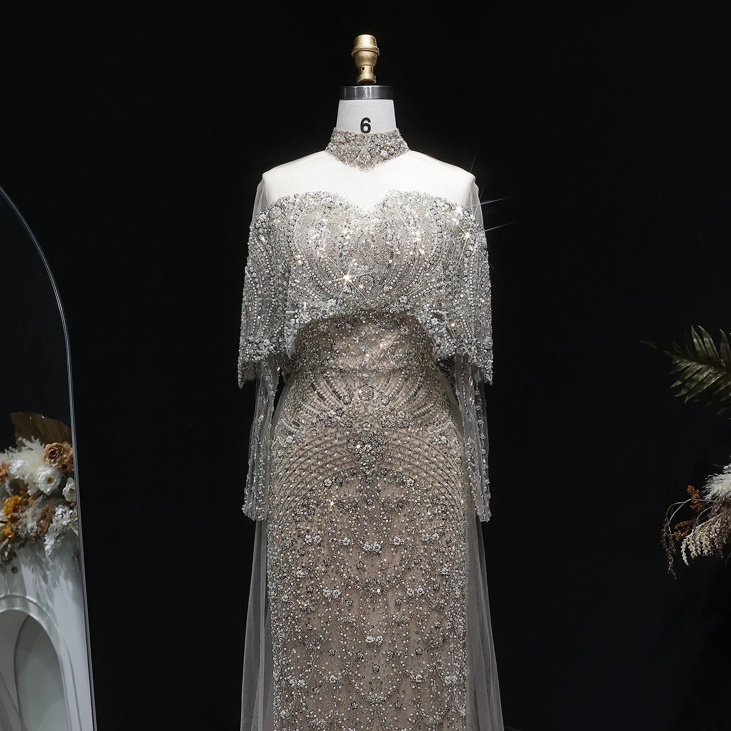 Wine Red Gray Dubai Evening Gown with Cape — Long Sleeve Detachable Overskirt — Riviera Couture GCC Luxury Evening Gown