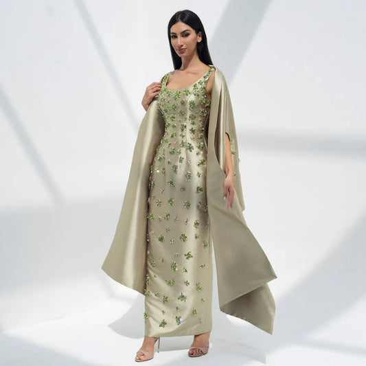 Green Sage Green Satin 3D Floral Beaded Evening Gown with Cape — Dubai — Riviera Couture GCC Luxury Evening Gown