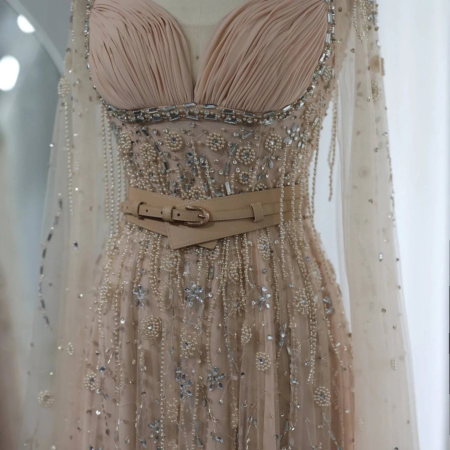 Beaded Champagne Dress with Belt - RC11 - Riviera Couture