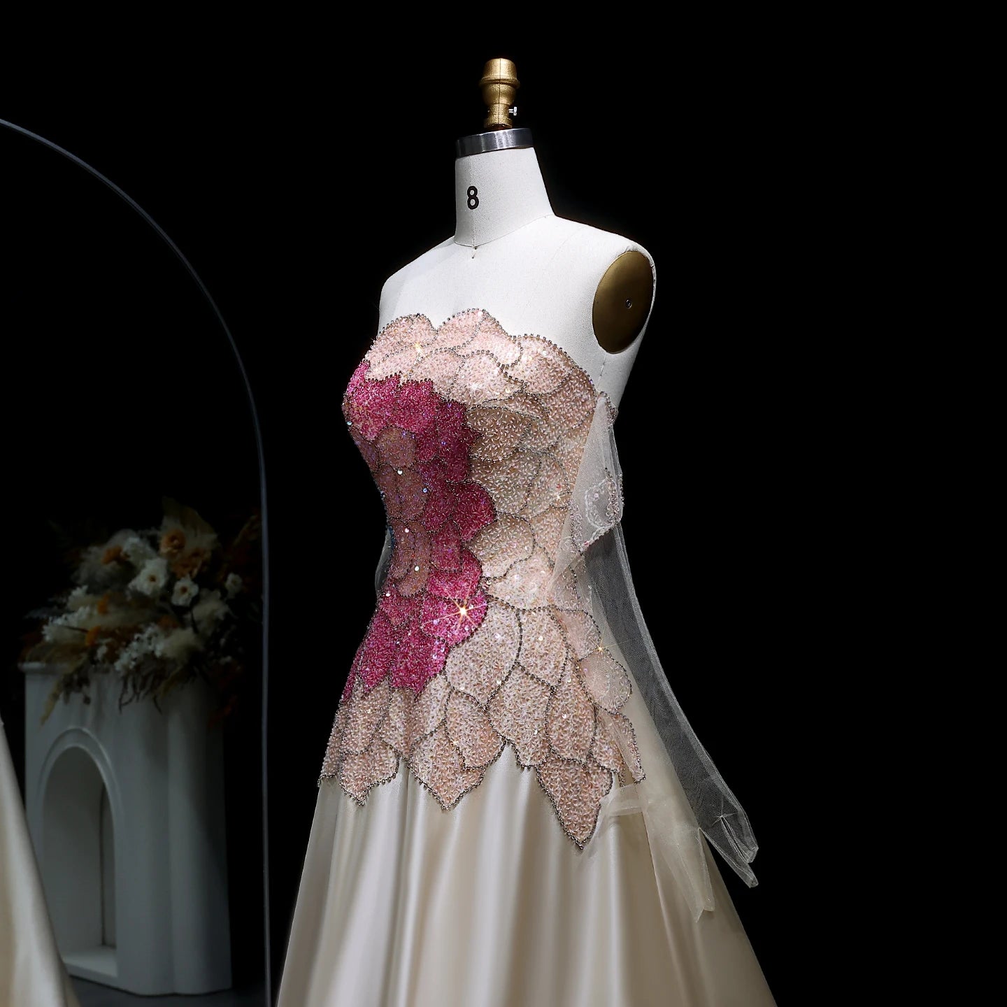 Beige Beige Satin Strapless Evening Gown with Gloves — Dubai Luxury — Riviera Couture GCC Luxury Evening Gown