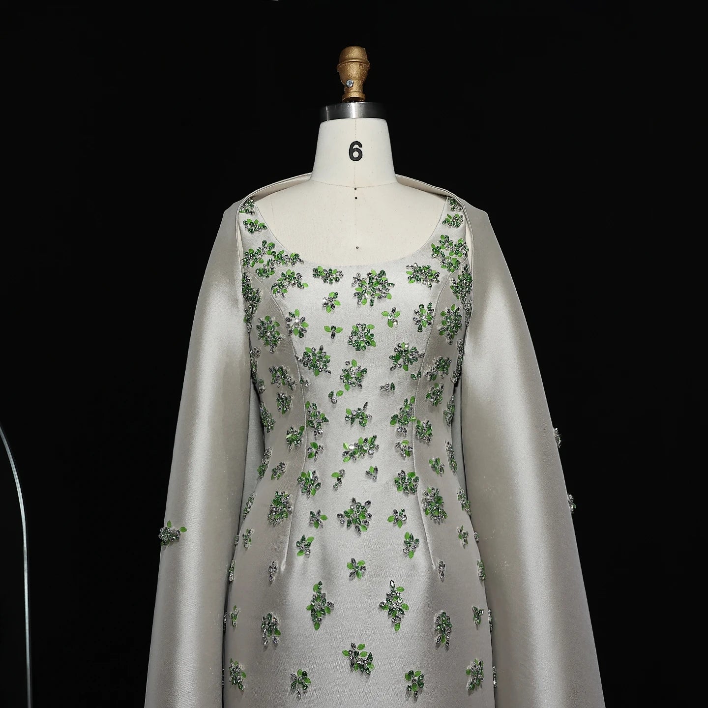 green Sage Green Satin 3D Floral Beaded Evening Gown with Cape — Dubai — Riviera Couture GCC Luxury Evening Gown