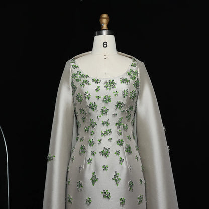 green Sage Green Satin 3D Floral Beaded Evening Gown with Cape — Dubai — Riviera Couture GCC Luxury Evening Gown