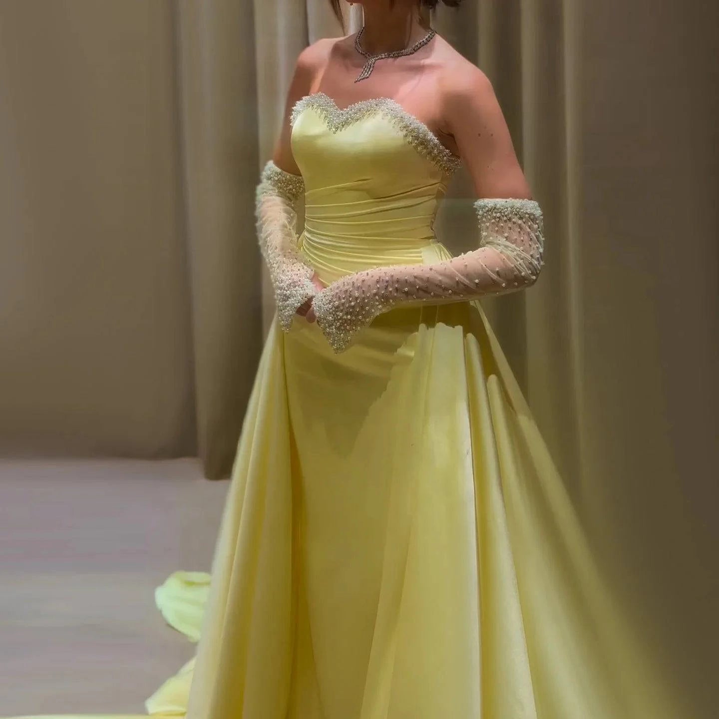 Sweetheart Yellow Satin Evening Dress with Gloves - Riviera Couture