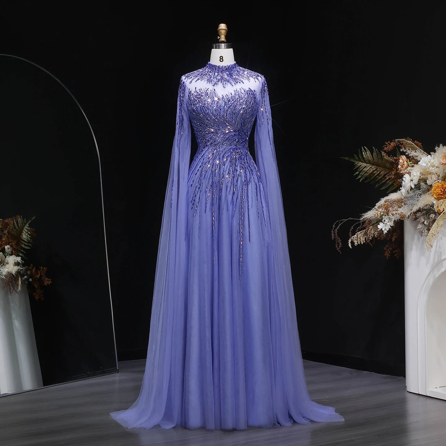Caramel Beaded High Neck Cape Sleeve Evening Gown — Sequin Tulle — Riviera Couture GCC Luxury Evening Gown