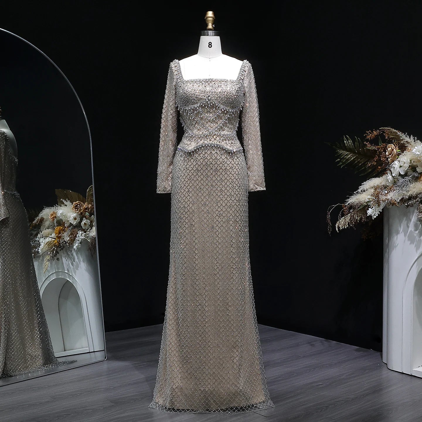 Champagne Champagne Crystal Long Sleeve Evening Gown — Dubai Arabic Luxury — Riviera Couture GCC Luxury Evening Gown