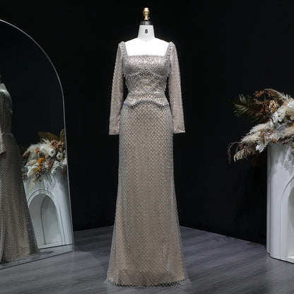 Champagne Champagne Crystal Long Sleeve Evening Gown — Dubai Arabic Luxury — Riviera Couture GCC Luxury Evening Gown