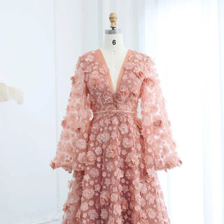 Blush Peach-Pink 3D Flowers Evening Dresses with Sleeves - Riviera Couture