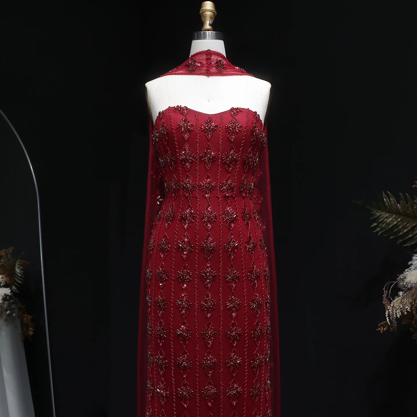 Wine Red Nude Beaded Strapless Evening Gown with Scarf — Dubai Arabic Luxury — Riviera Couture GCC Luxury Evening Gown