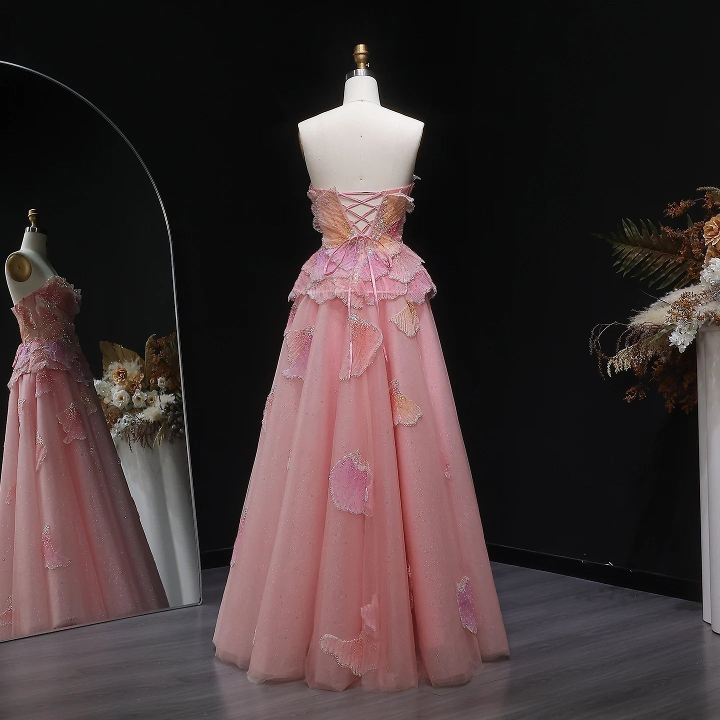 Pink Pink Strapless A-Line Evening Gown — 3D Flowers Crystal Beaded — Riviera Couture GCC Luxury Evening Gown