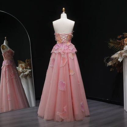 Pink Pink Strapless A-Line Evening Gown — 3D Flowers Crystal Beaded — Riviera Couture GCC Luxury Evening Gown