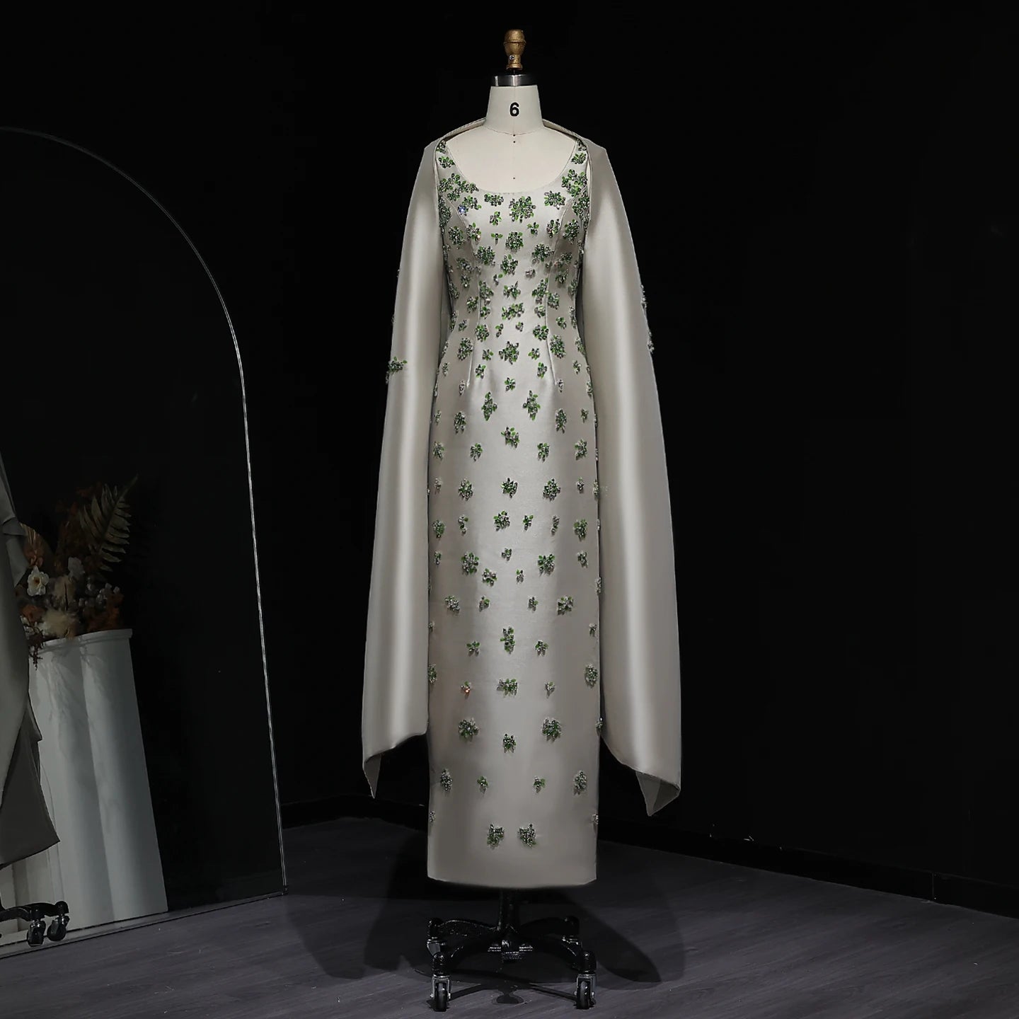 green Sage Green Satin 3D Floral Beaded Evening Gown with Cape — Dubai — Riviera Couture GCC Luxury Evening Gown