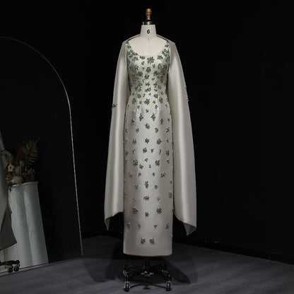 green Sage Green Satin 3D Floral Beaded Evening Gown with Cape — Dubai — Riviera Couture GCC Luxury Evening Gown