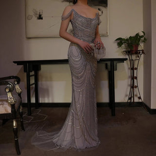 Luxury Crystal Silver Gray Mermaid  Evening Dress - Riviera Couture