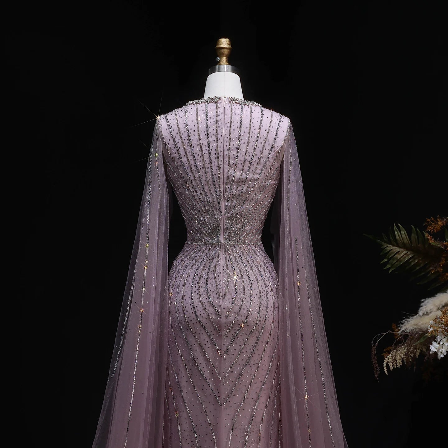 Champagne Beaded Mermaid Evening Gown with Cape Sleeves — Dubai Arabic Formal — Riviera Couture GCC Luxury Evening Gown