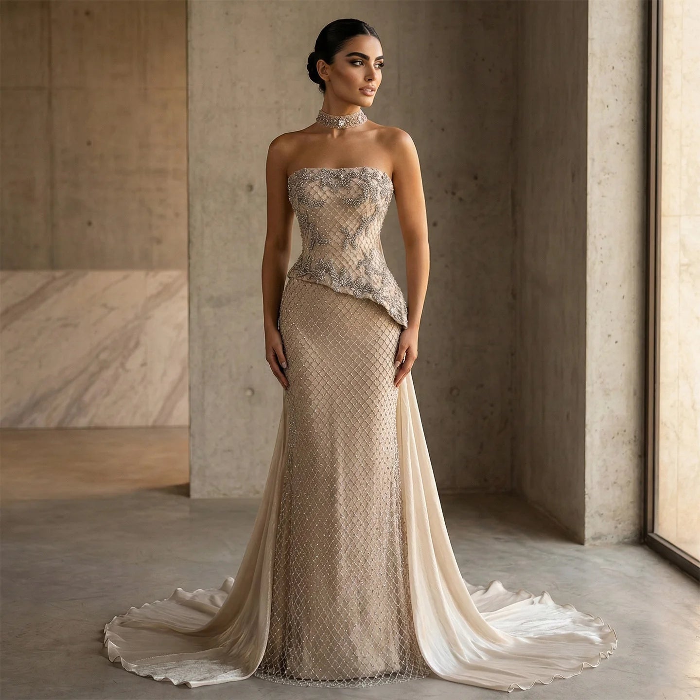 Champagne Crystal Sequined Mermaid Evening Gown with Cape — GCC Luxury 2026 — Riviera Couture GCC Luxury Evening Gown