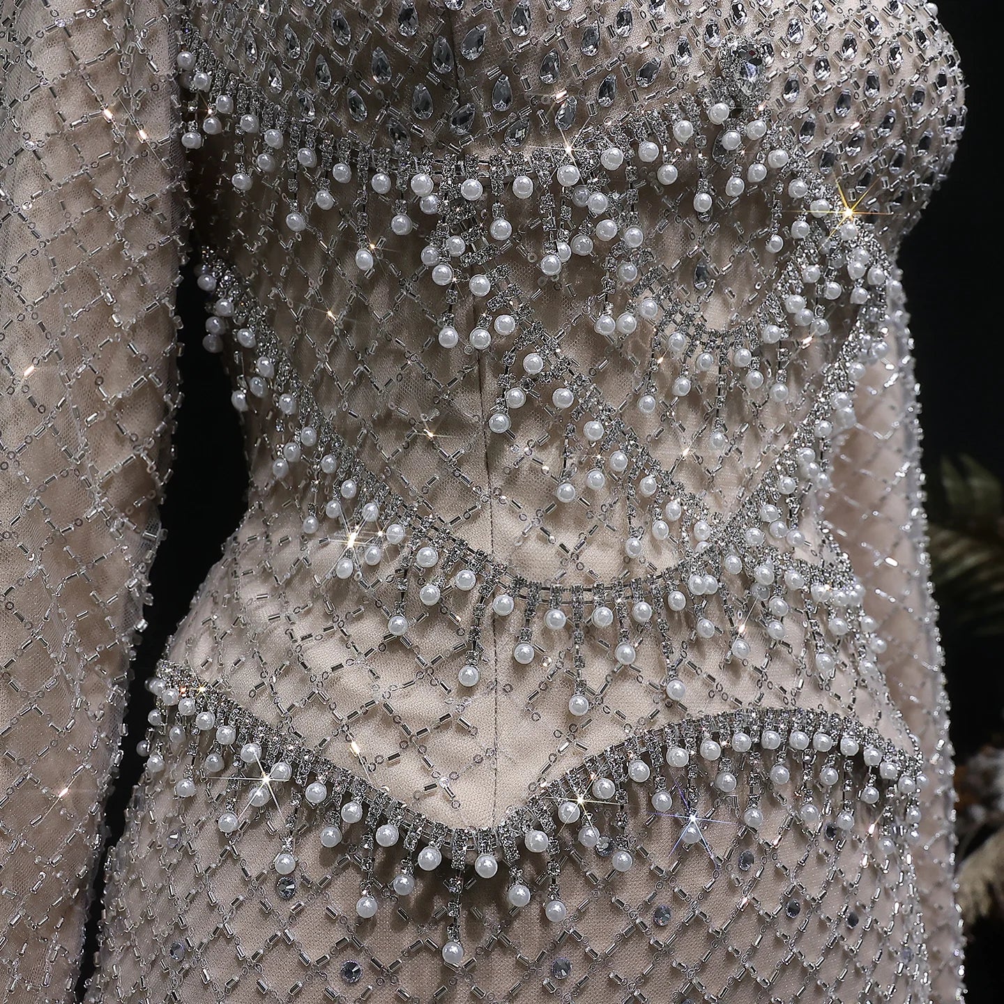 Champagne Champagne Crystal Long Sleeve Evening Gown — Dubai Arabic Luxury — Riviera Couture GCC Luxury Evening Gown