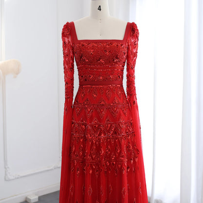 Gold Wine Red Burgundy Evening Gown with Cape Sleeve — Arabic Luxury 2026 — Riviera Couture GCC Luxury Evening Gown