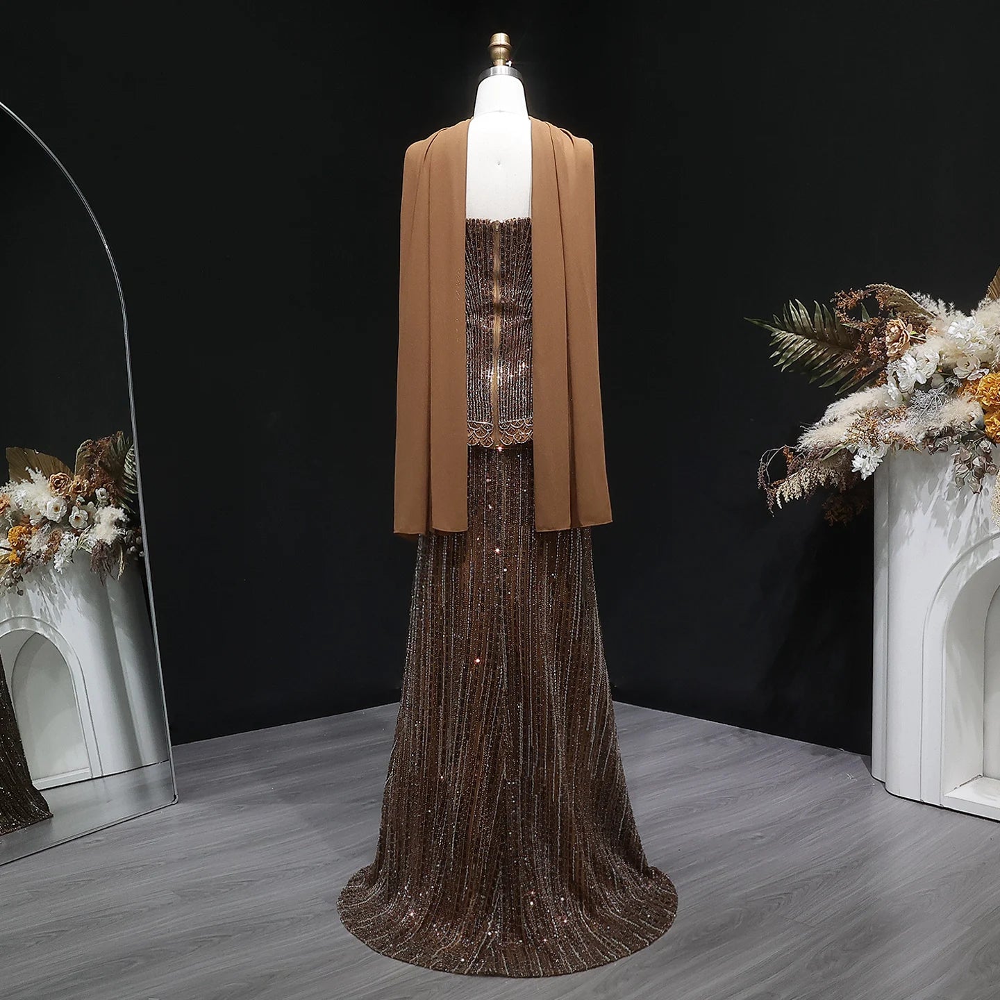 Brown Strapless Sequined Two-Piece Evening Gown with Scarf — GCC Luxury — Riviera Couture GCC Luxury Evening Gown