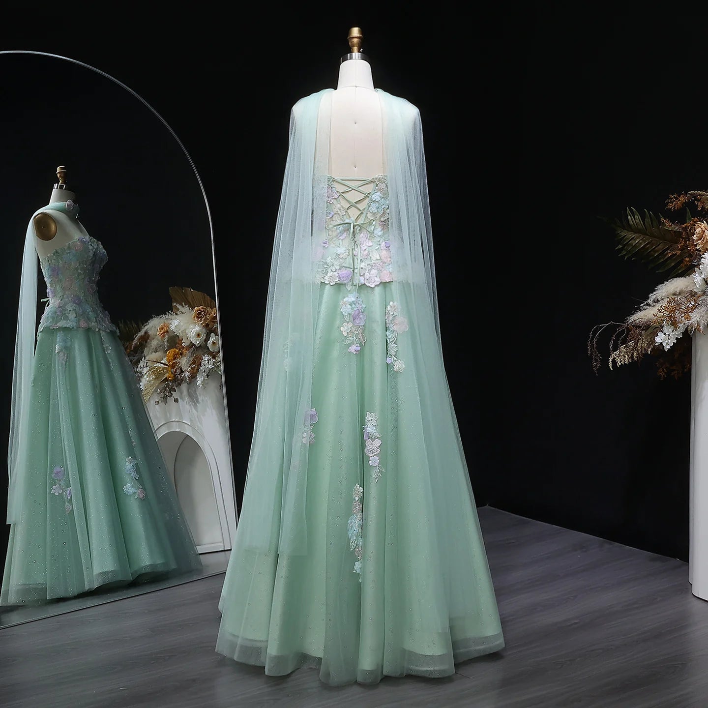 Sage Green Sage Green A-Line Evening Gown with Scarf — 3D Flowers GCC 2026 — Riviera Couture GCC Luxury Evening Gown