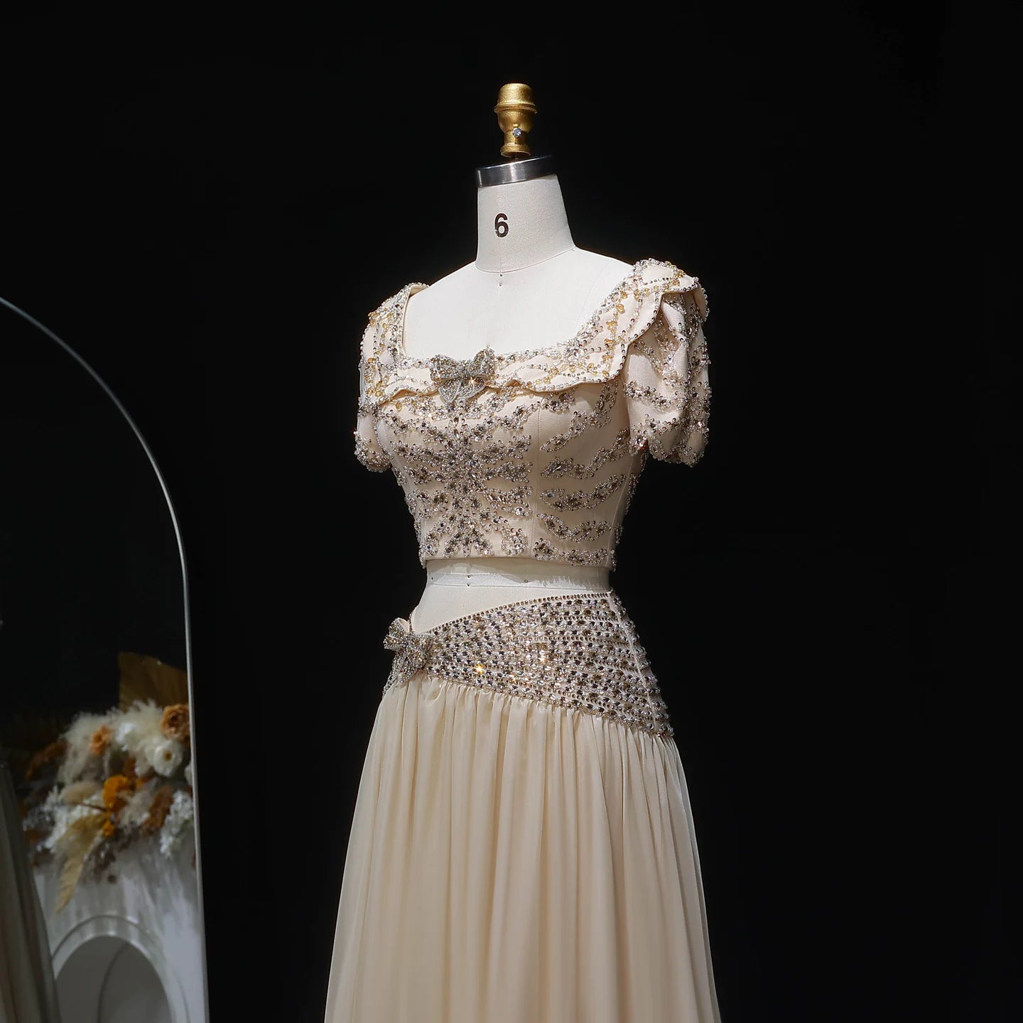Champagne Two-Piece Evening Gown — Short Sleeve Sequined Bowknot — Riviera Couture GCC Luxury Evening Gown