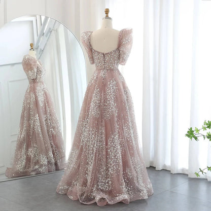 Glitter Gown with Puffy Sleeves - Riviera Couture