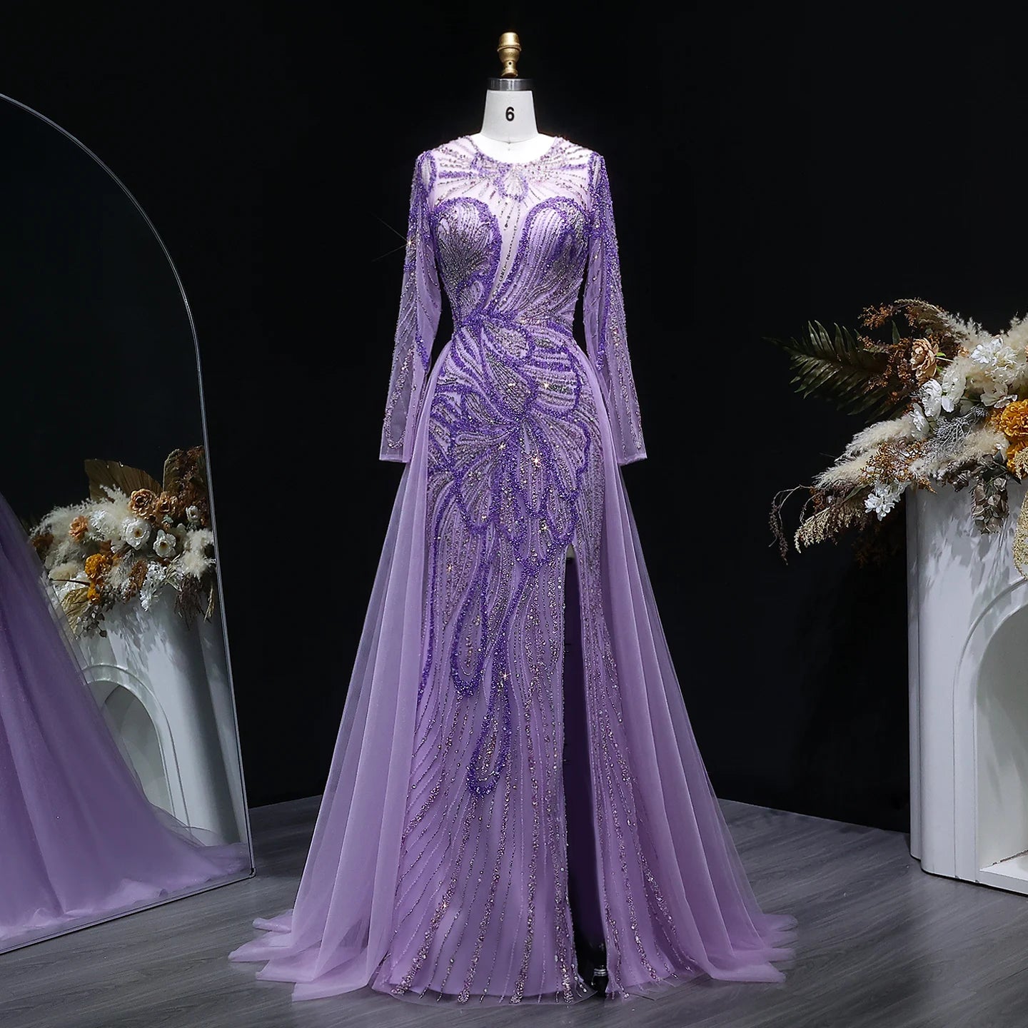 Beaded Long Sleeve Evening Gown with Overskirt and Side Slit — Riviera Couture GCC Luxury Evening Gown