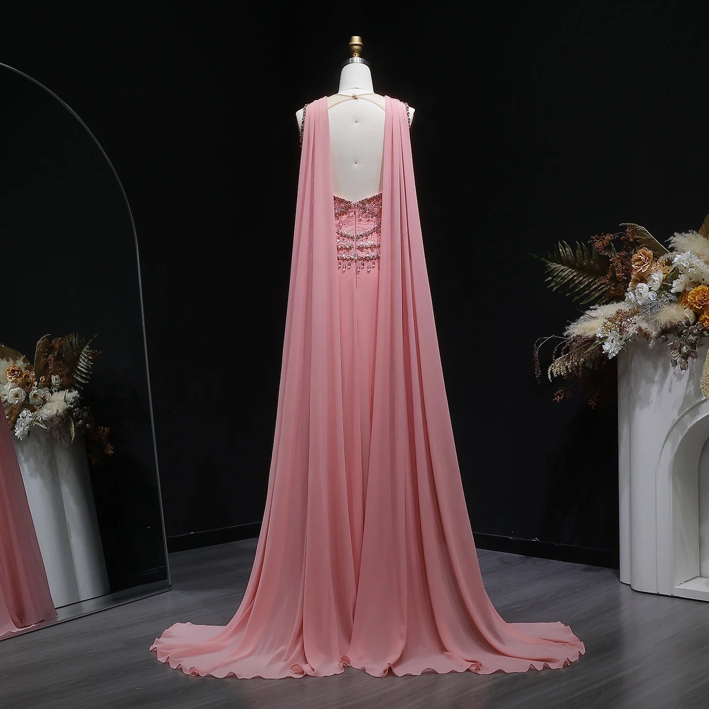 Blush Pink Silver Gold Cape Sleeve Evening Gown — Crystal Beaded Blush Pink — Riviera Couture GCC Luxury Evening Gown