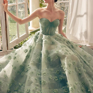 Sage Green 3D Flowers Evening Dress with Cape - Riviera Couture