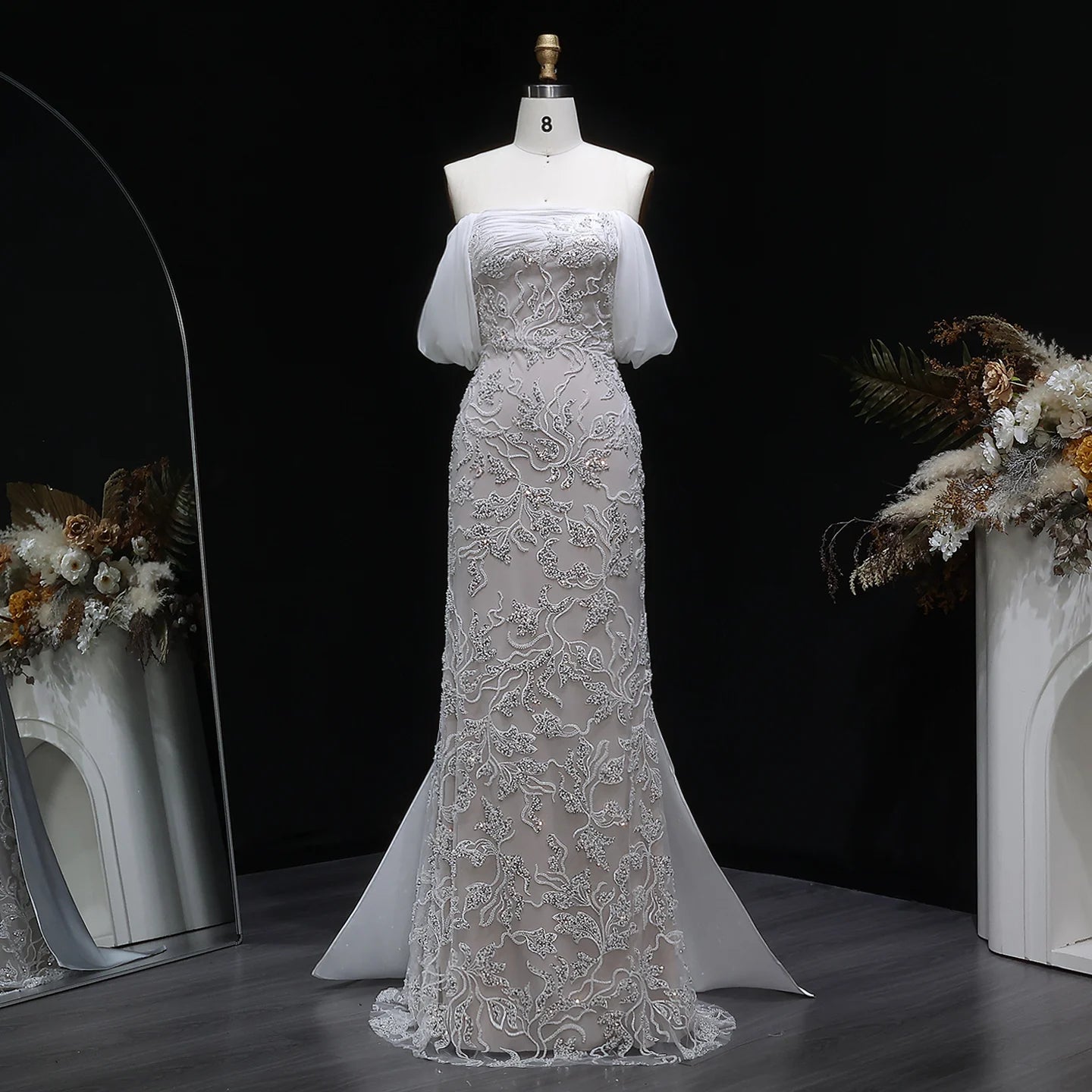 Ivory Ivory Off-Shoulder Mermaid Evening Gown — Luxury Beaded Arabic — Riviera Couture GCC Luxury Evening Gown