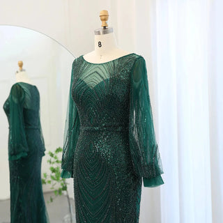 Luxury Emerald Green Mermaid Evening Dress with Elegant Long Sleeves l - Riviera Couture