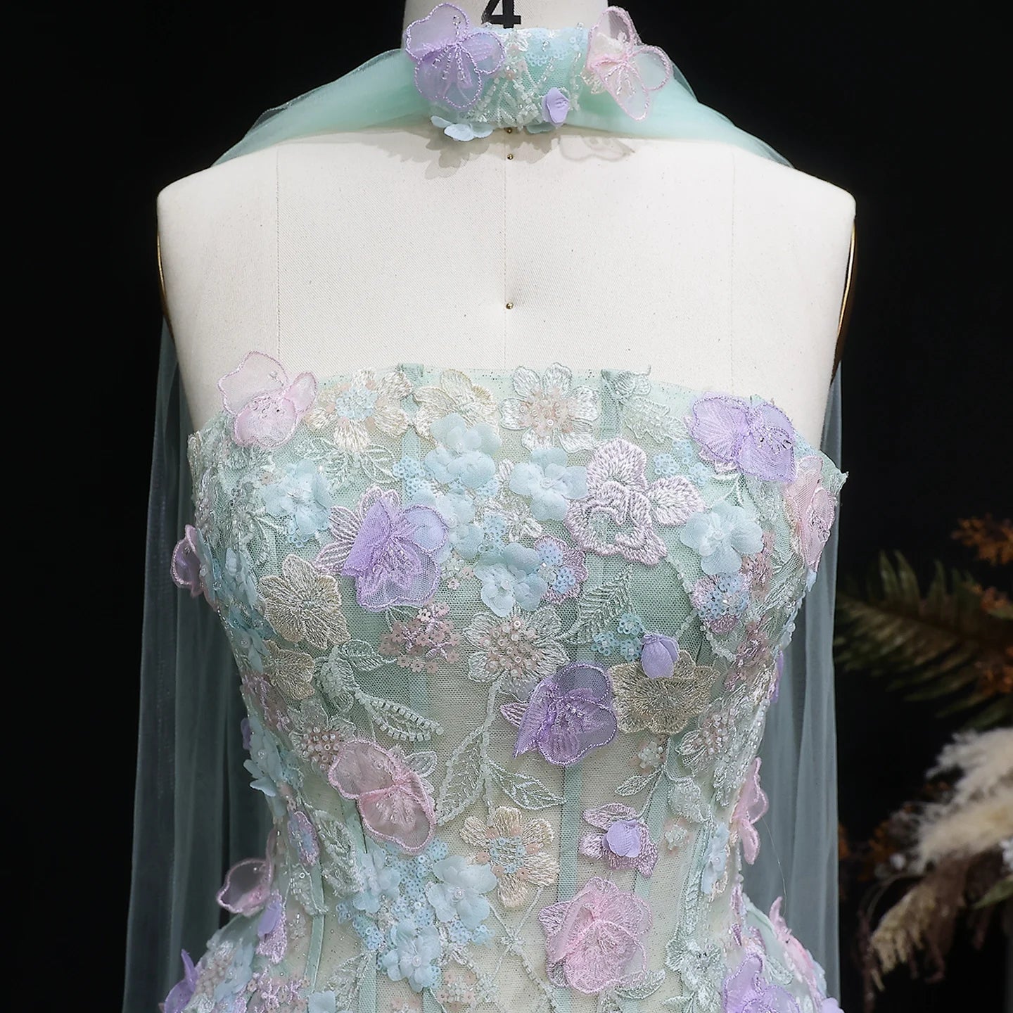 Sage Green Sage Green A-Line Evening Gown with Scarf — 3D Flowers GCC 2026 — Riviera Couture GCC Luxury Evening Gown