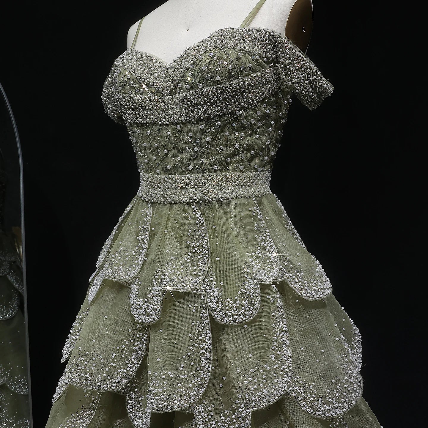 Green Sage Green Off-Shoulder Tiered Ruffle Evening Gown — GCC Formal — Riviera Couture GCC Luxury Evening Gown