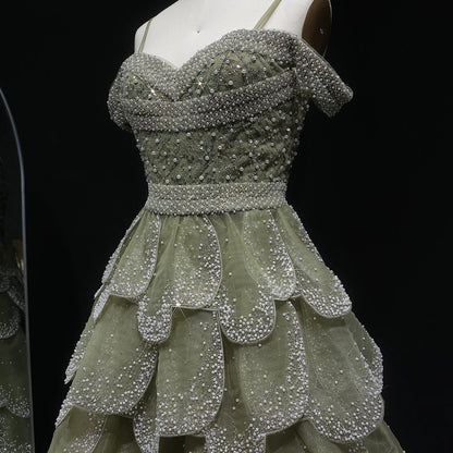 Green Sage Green Off-Shoulder Tiered Ruffle Evening Gown — GCC Formal — Riviera Couture GCC Luxury Evening Gown
