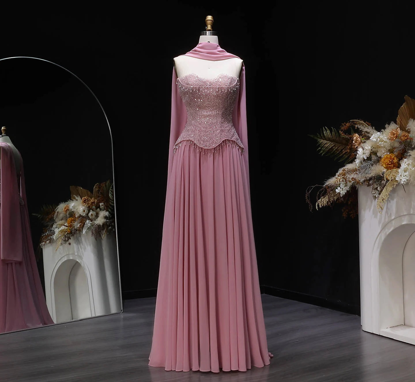 Pink Draped A-Line Evening Gown with Scarf — Beaded GCC Luxury — Riviera Couture GCC Luxury Evening Gown