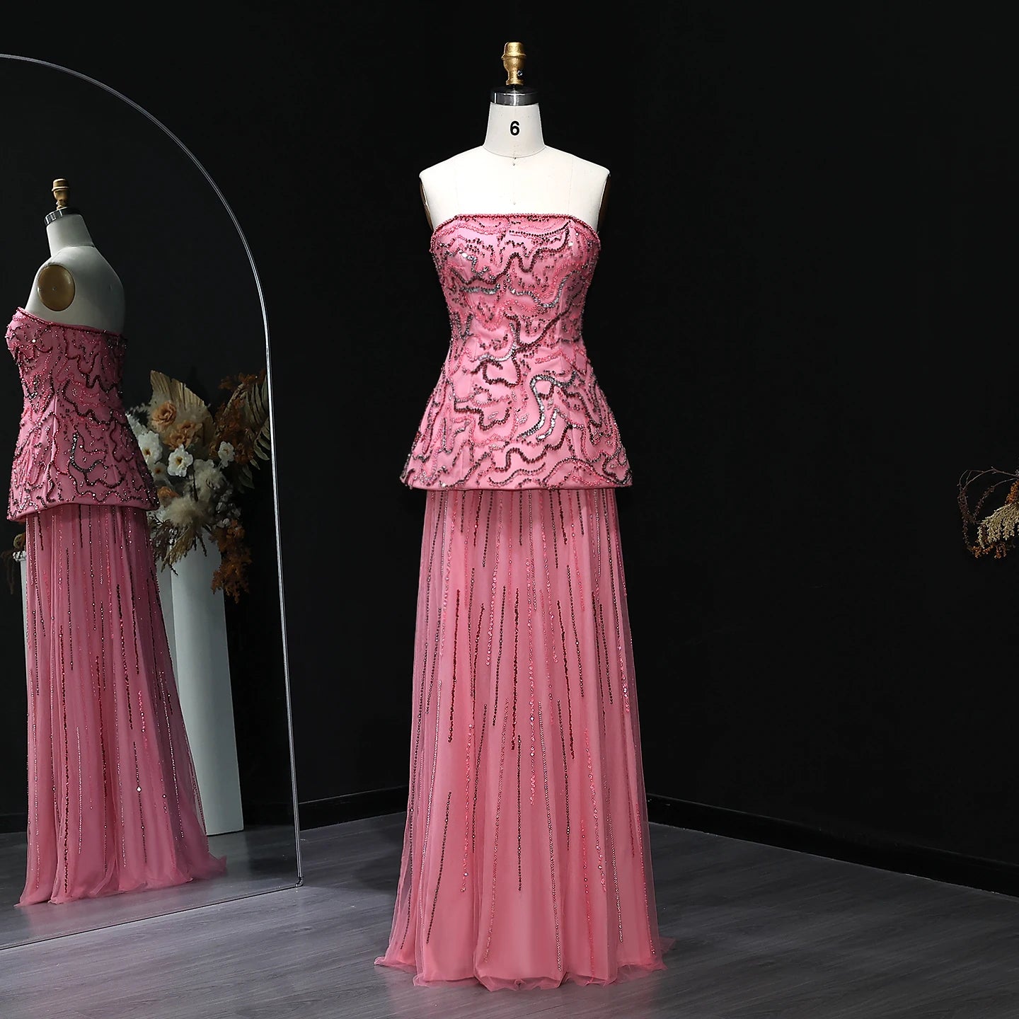 Rose Pink Rose Pink and Blue Beaded Two-Piece Strapless Evening Gown — GCC — Riviera Couture GCC Luxury Evening Gown