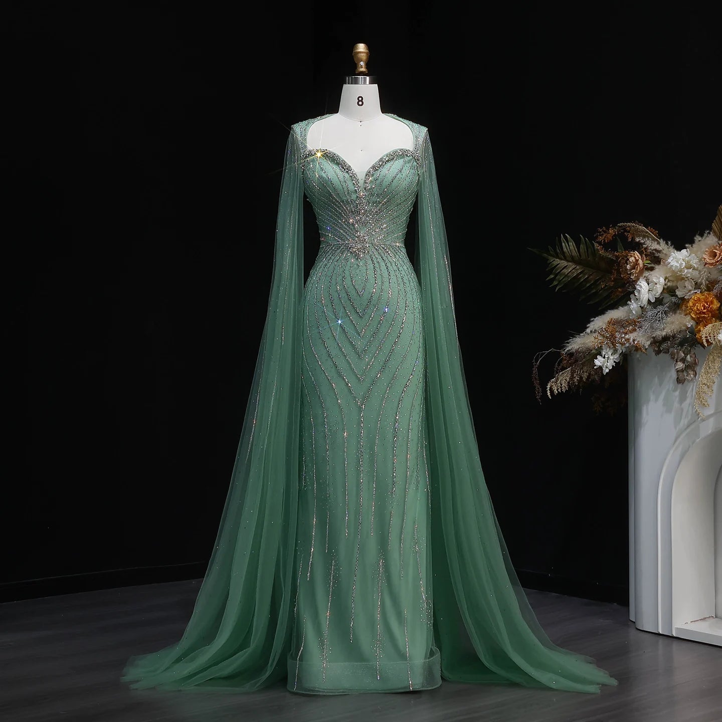 Green Beaded Mermaid Evening Gown with Cape Sleeves — Dubai Arabic Formal — Riviera Couture GCC Luxury Evening Gown