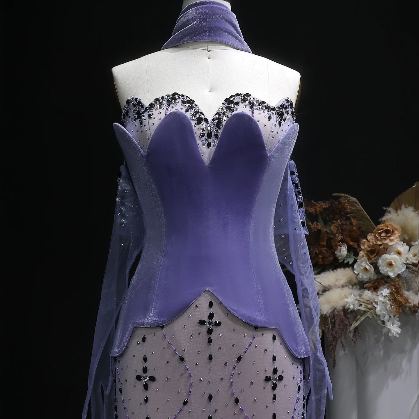 Purple Purple Velvet Two-Piece Mermaid Evening Gown with Gloves and Scarf — Riviera Couture GCC Luxury Evening Gown