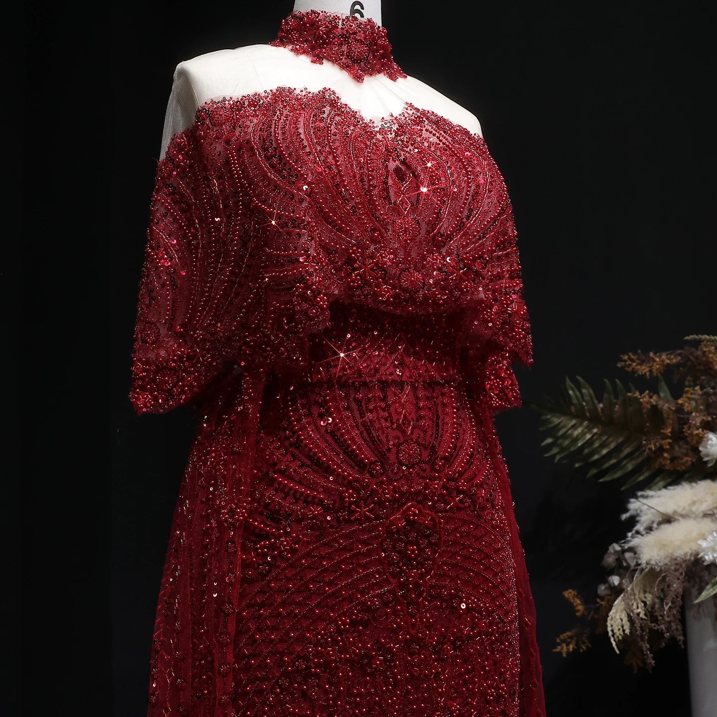 Wine Red Gray Dubai Evening Gown with Cape — Long Sleeve Detachable Overskirt — Riviera Couture GCC Luxury Evening Gown
