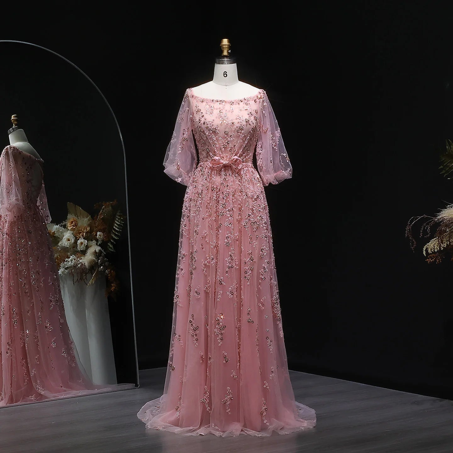 Pink Pink Long Sleeve Evening Gown with Bow — Luxury Beaded Arabic GCC — Riviera Couture GCC Luxury Evening Gown