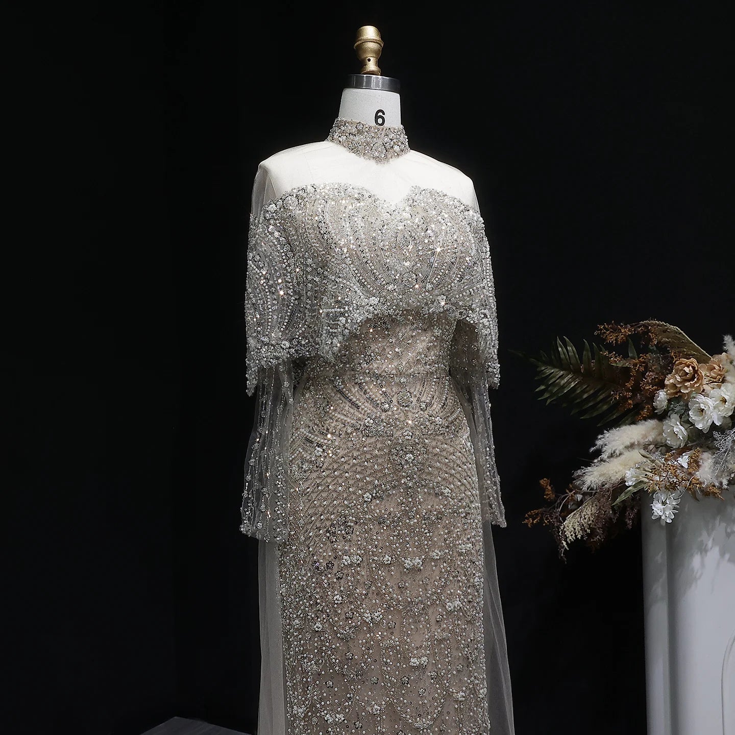 Green Gray Dubai Evening Gown with Cape — Long Sleeve Detachable Overskirt — Riviera Couture GCC Luxury Evening Gown