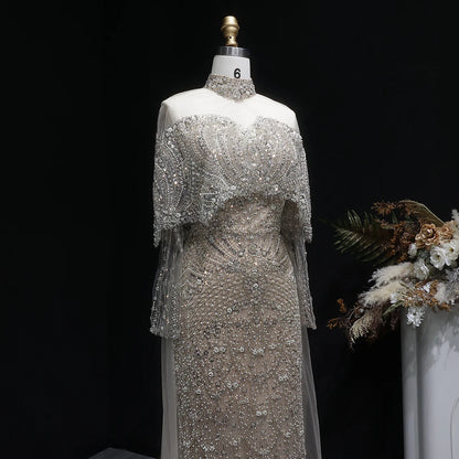 Green Gray Dubai Evening Gown with Cape — Long Sleeve Detachable Overskirt — Riviera Couture GCC Luxury Evening Gown