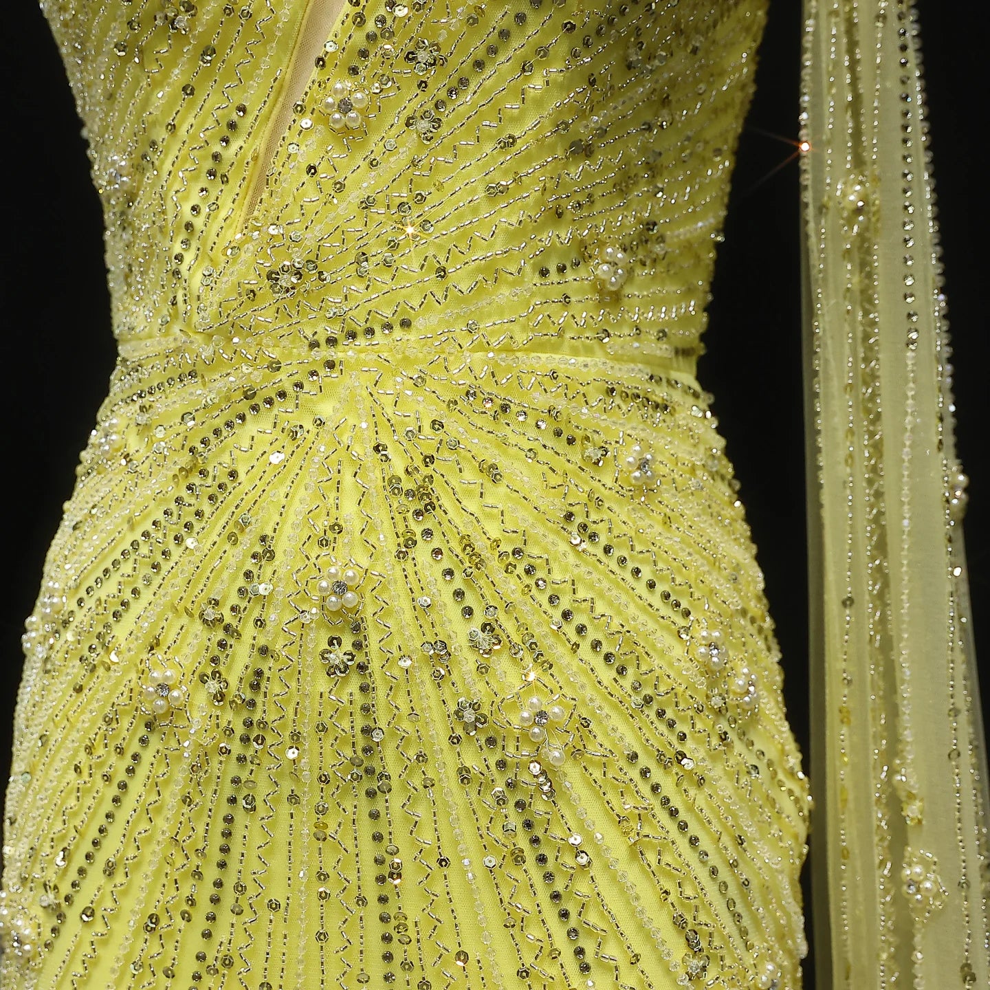 black Black One-Shoulder Mermaid Evening Gown with Yellow Flowing Cape — Riviera Couture GCC Luxury Evening Gown